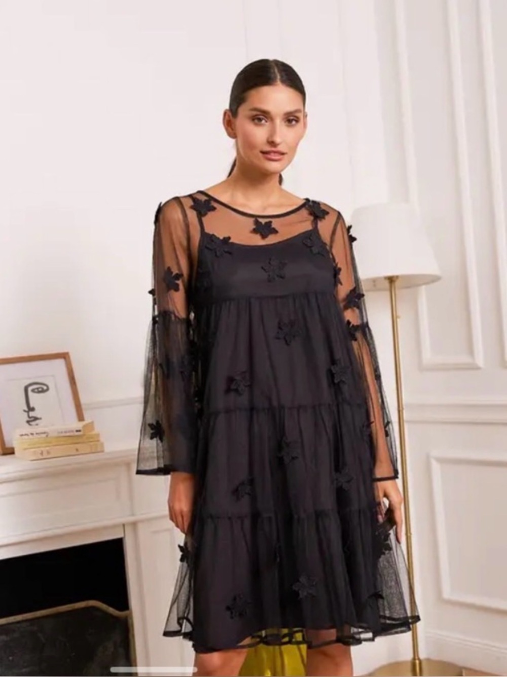 Choklate Paris Black 3D Embroidered Tulle Long Sleeve Dress